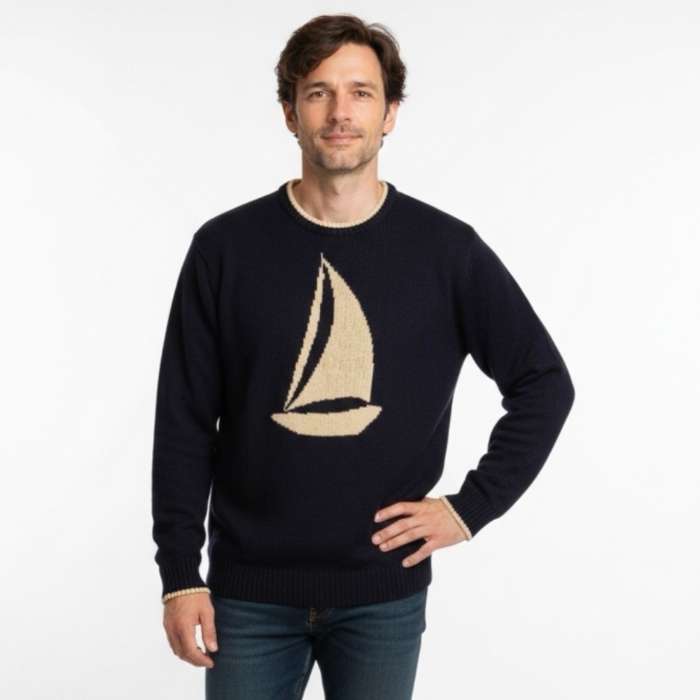 Vintage Binghamton Knitting‎ Co. Nautical Navy Sweater Sailboat men's 2X  USA